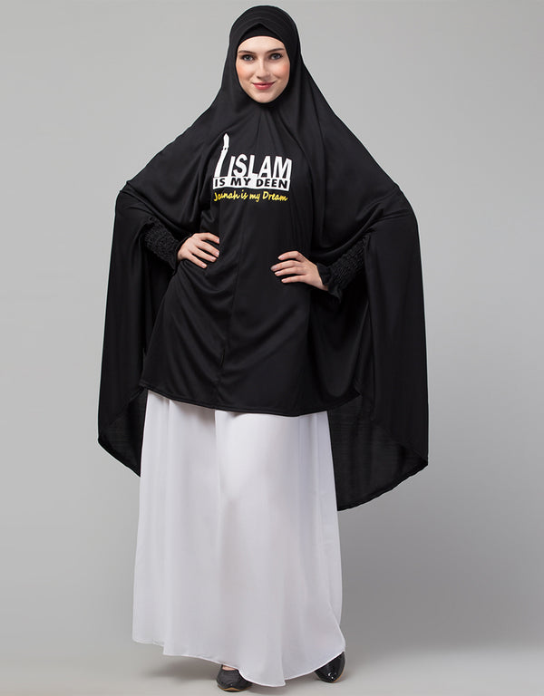 Islamic Calligraphy printed stretchable smoking at wrist knee length Jilbab cum prayer khimar Hijab